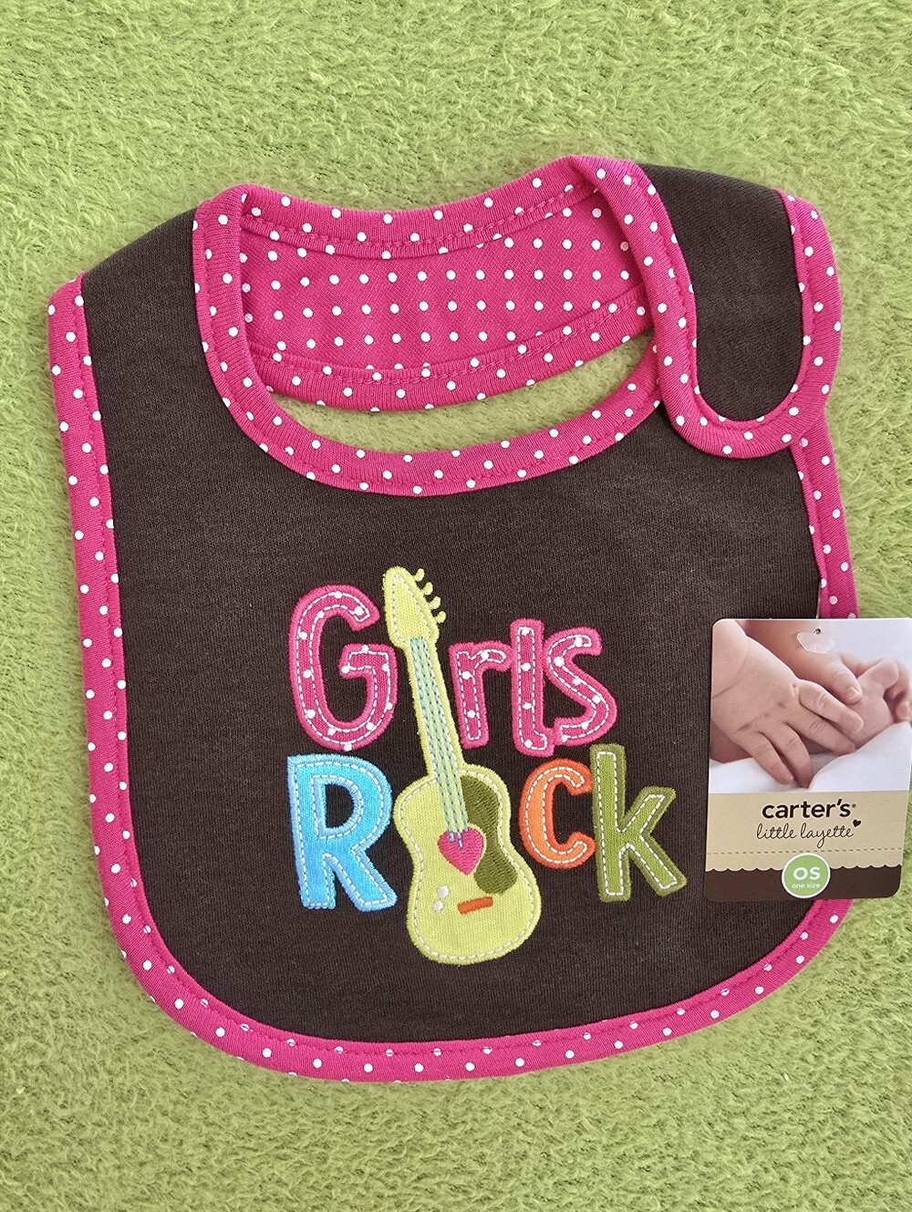 NWT  0-12M  Baby GIRLS  BIB Carter's Pink & Brown + GIRLS ROCK + GUITAR (Q4)